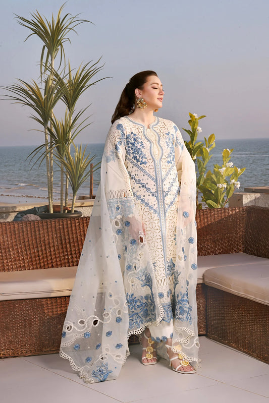 ANEELAS-3PC LAWN EMBROIDERED SHIRT WITH ORGANZA EMBROIDERED DUPATTA AND TROUSER