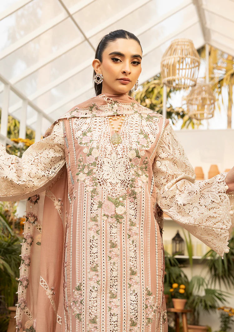 ELAF-3PC LAWN CHIKAN EMBROIDERED SHIRT WITH KHADDI NET EMBROIDERED DUPATTA AND TROUSER