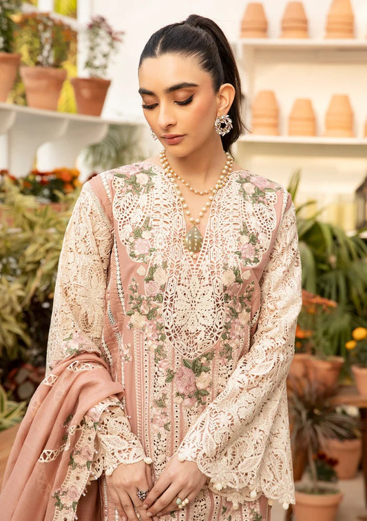 ELAF-3PC LAWN CHIKAN EMBROIDERED SHIRT WITH KHADDI NET EMBROIDERED DUPATTA AND TROUSER