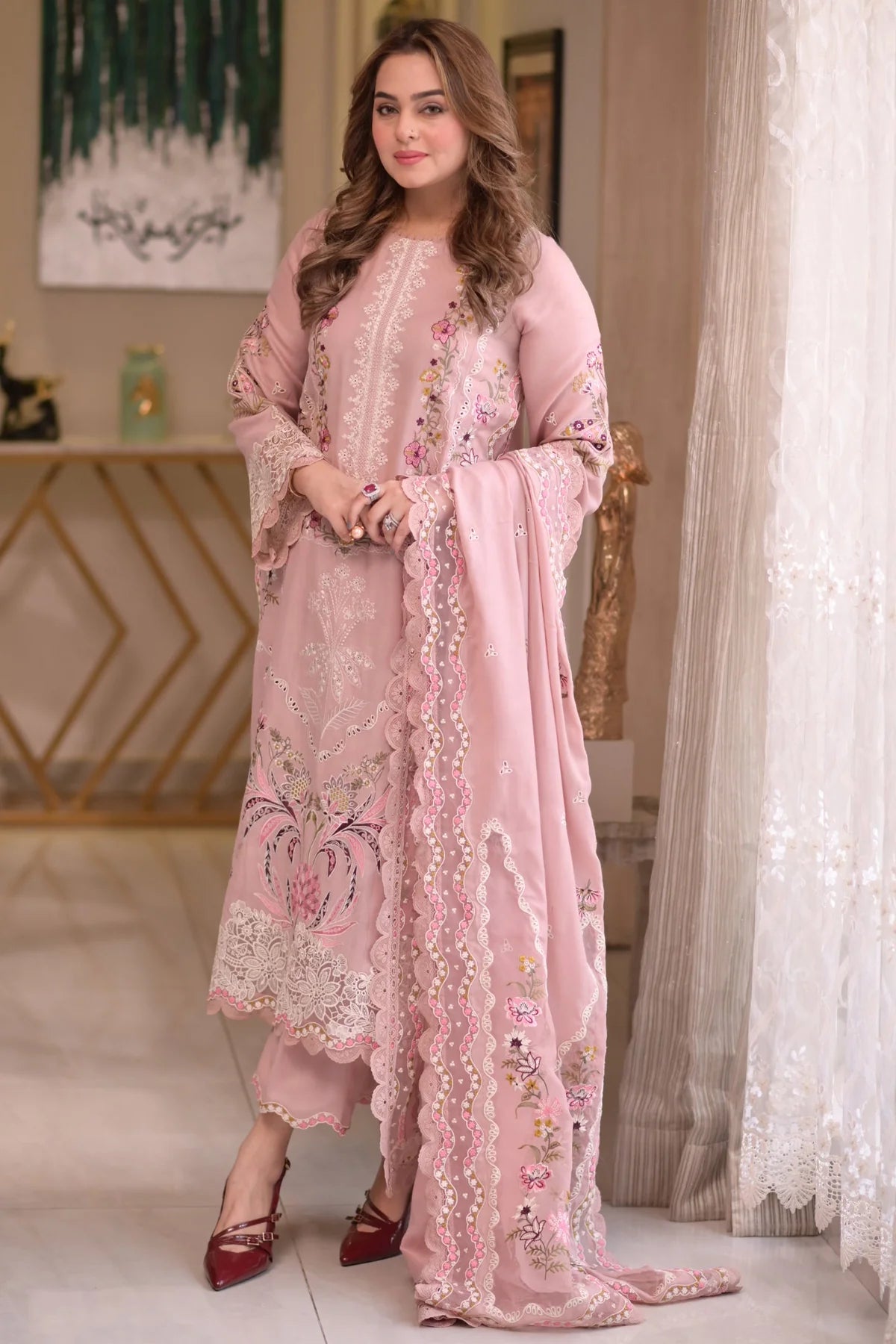 ANEELAS-3PC LAWN CHIKAN EMBROIDERED SHIRT WITH LAWN EMB DUPATTA AND TROUSER