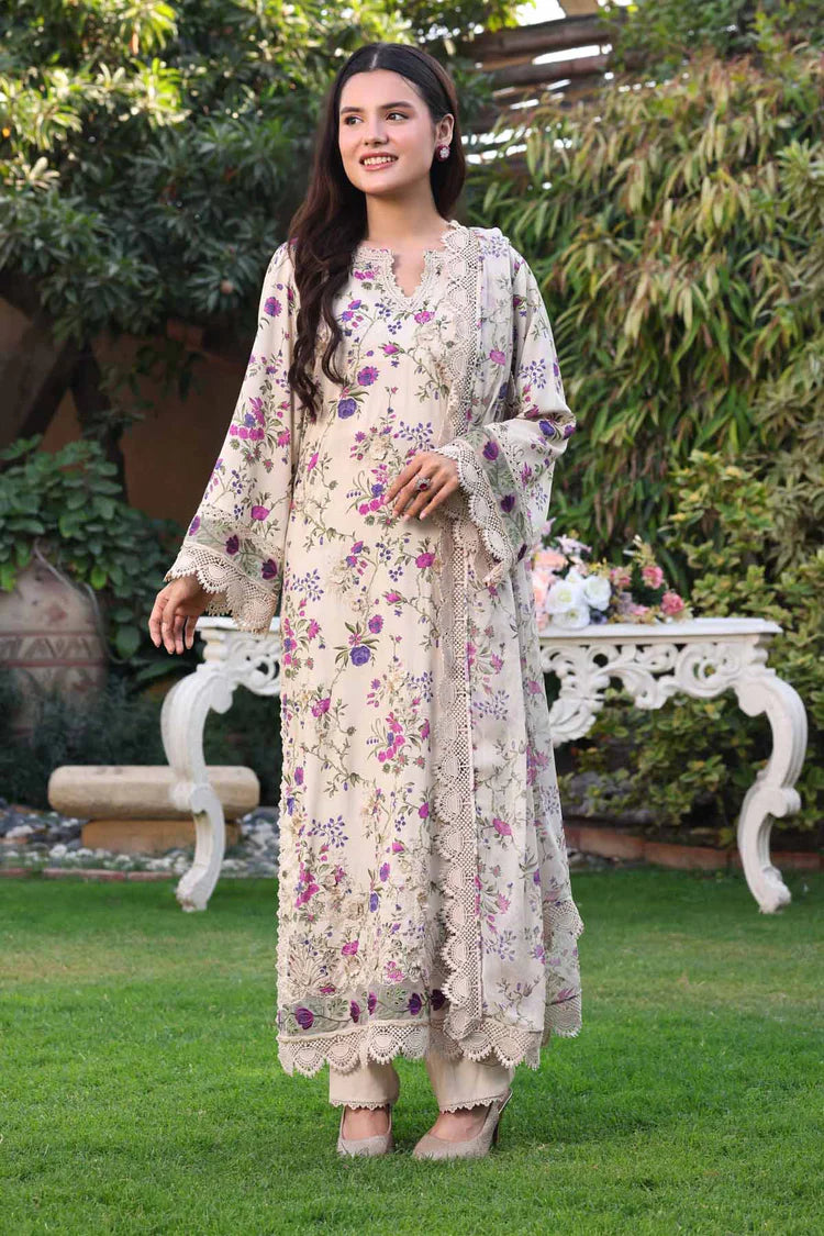 ANEELAS-3PC LAWN PRINTED CHIKAN EMB SHIRT WITH SILK PRINTED DUPATTA AND TROUSER