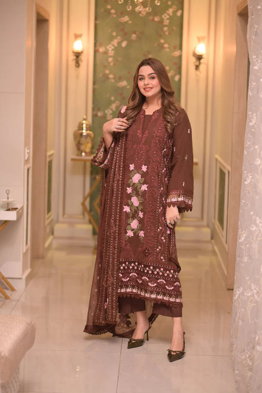 ANEELAS-3PC LAWN CHIKAN EMBROIDERED SHIRT WITH LAWN EMB DUPATTA AND TROUSER