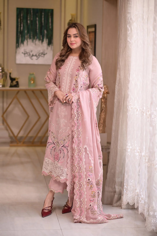 ANEELAS-3PC LAWN CHIKAN EMBROIDERED SHIRT WITH LAWN EMB DUPATTA AND TROUSER