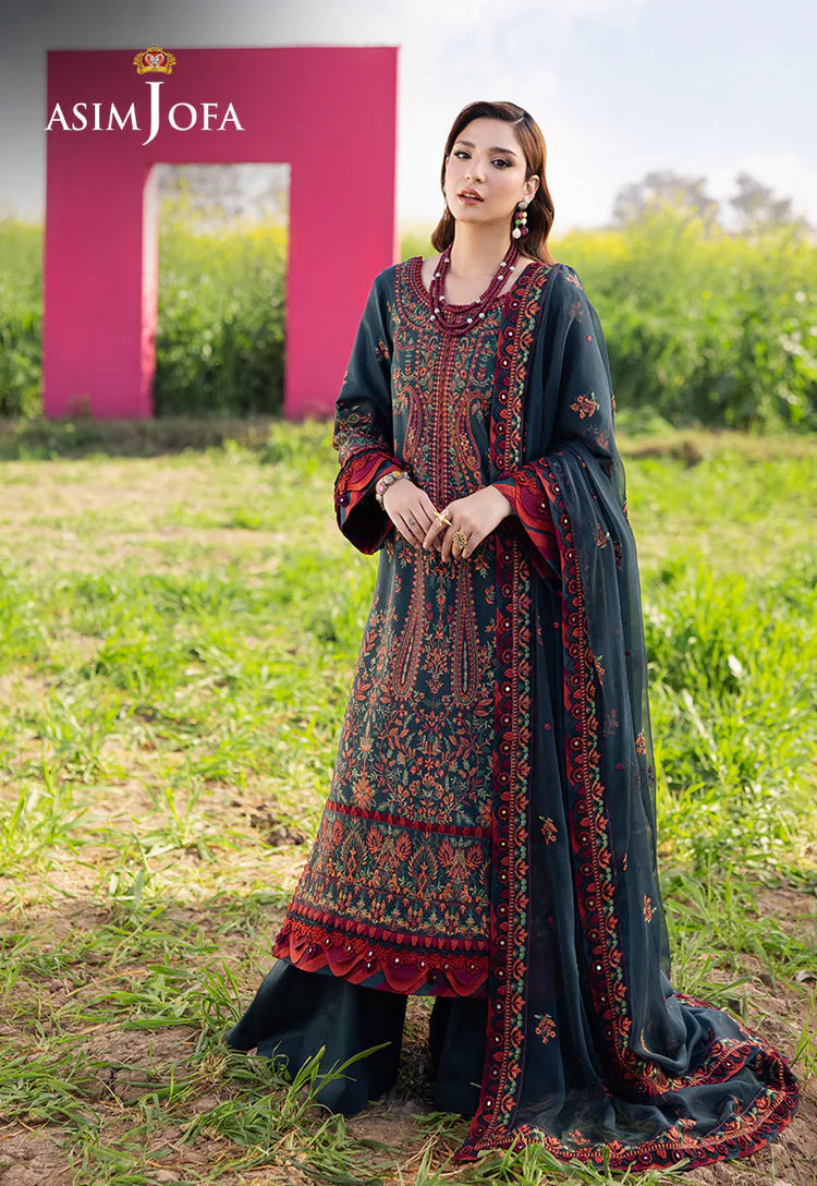 ASIM JOFA-3PC LAWN EMBROIDERED SHIRT WITH KHAADI NET EMBROIDERED DUPATTA AND TROUSER