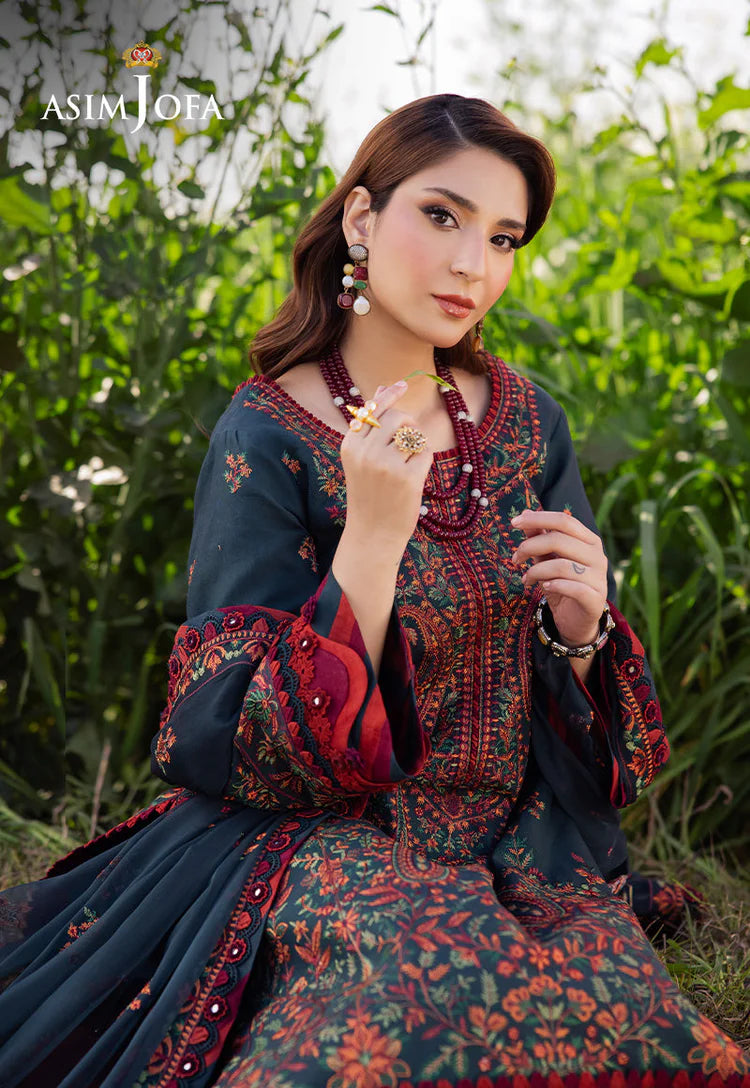 ASIM JOFA-3PC LAWN EMBROIDERED SHIRT WITH KHAADI NET EMBROIDERED DUPATTA AND TROUSER