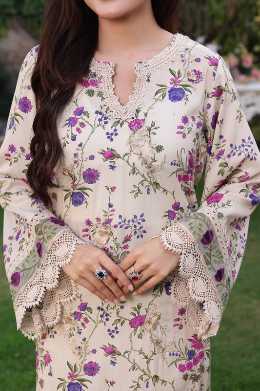 ANEELAS-3PC LAWN PRINTED CHIKAN EMB SHIRT WITH SILK PRINTED DUPATTA AND TROUSER