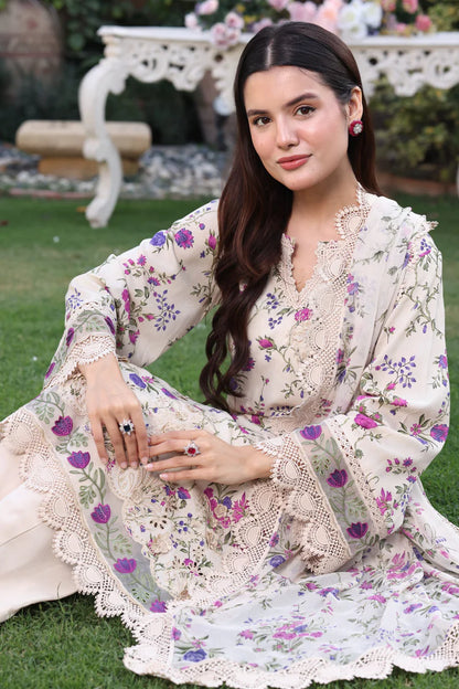 ANEELAS-3PC LAWN PRINTED CHIKAN EMB SHIRT WITH SILK PRINTED DUPATTA AND TROUSER