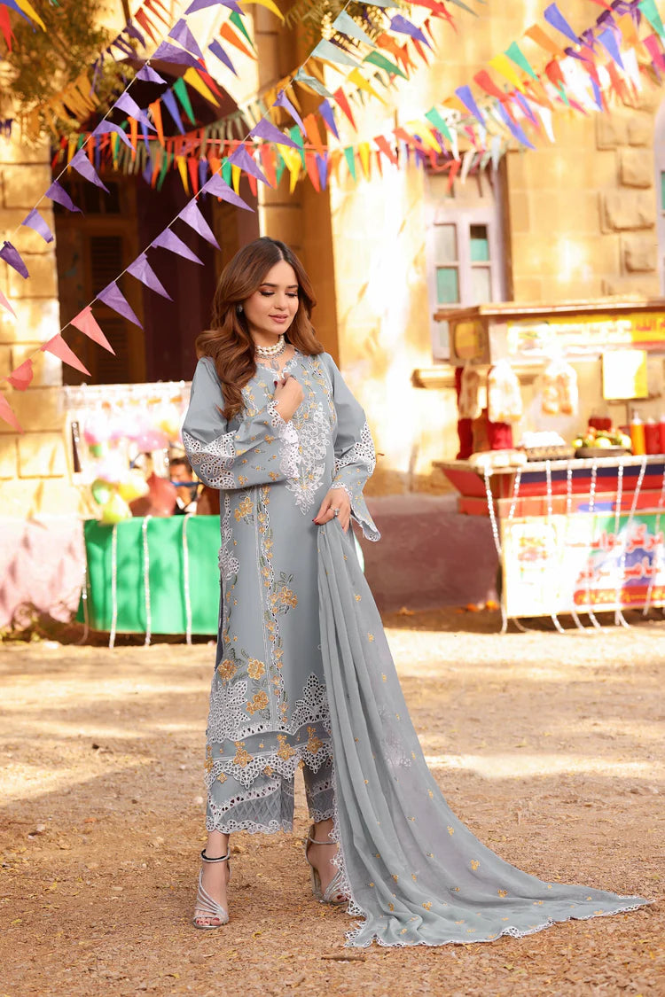 ANEELAS-3PC LAWN EMBROIDERED SHIRT WITH CHIFFON EMBROIDRED DUPATTA & EMB TROUSER