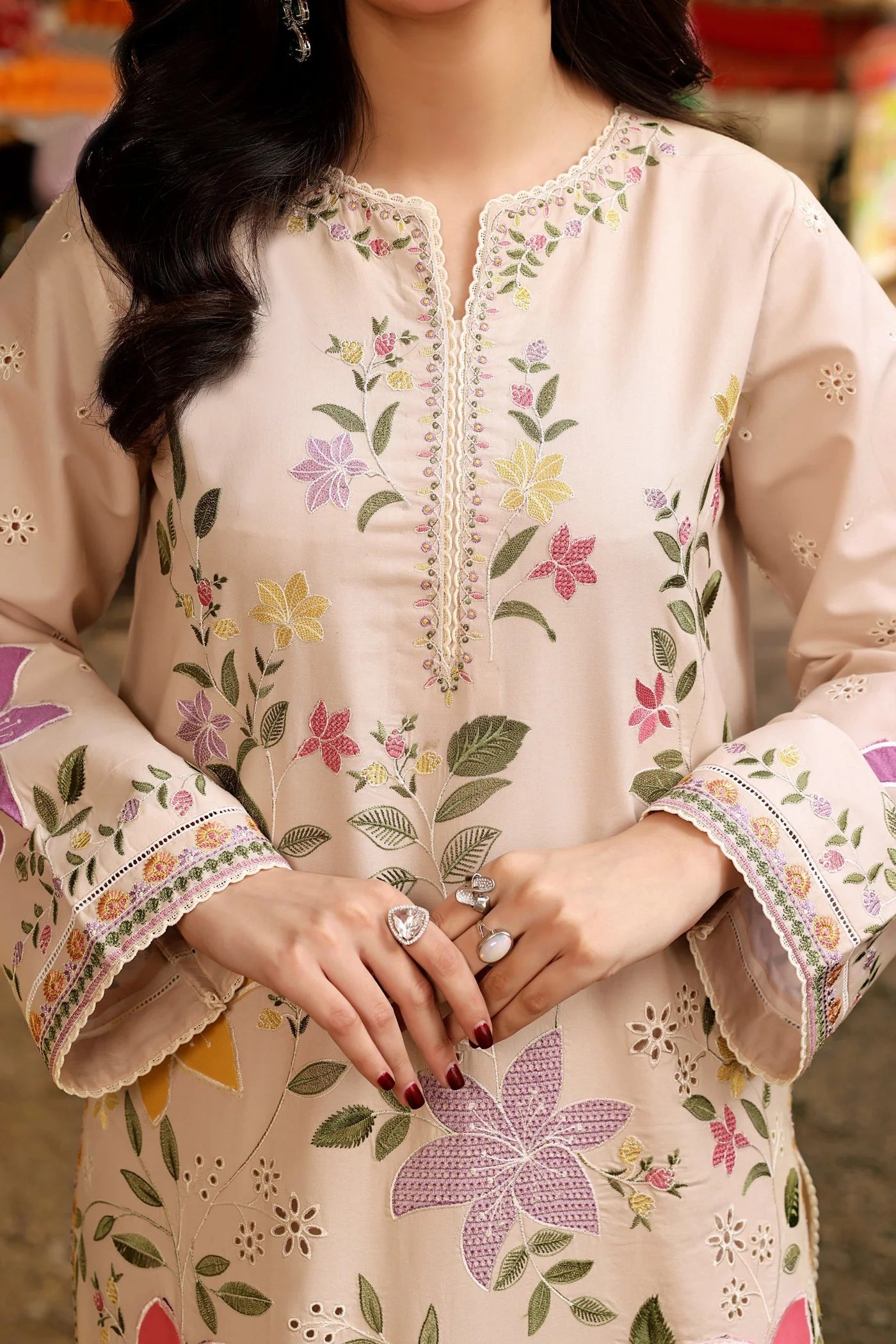 ANEELAS-3PC LAWN EMBROIDERED SHIRT WITH KHAADI NET PRINTED DUPATTA & EMB TROUSER