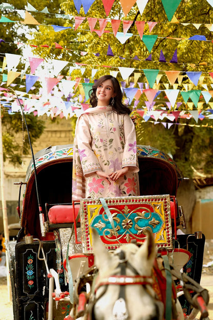 ANEELAS-3PC LAWN EMBROIDERED SHIRT WITH KHAADI NET PRINTED DUPATTA & EMB TROUSER