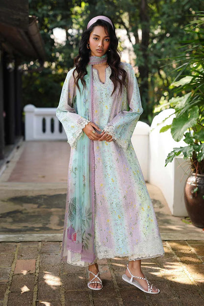 QALAMQAR-3PC LAWN PRINTED EMB SHIRT WITH SILK PRINTED DUPATTA AND TROUSER