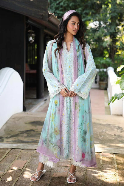 QALAMQAR-3PC LAWN PRINTED EMB SHIRT WITH SILK PRINTED DUPATTA AND TROUSER