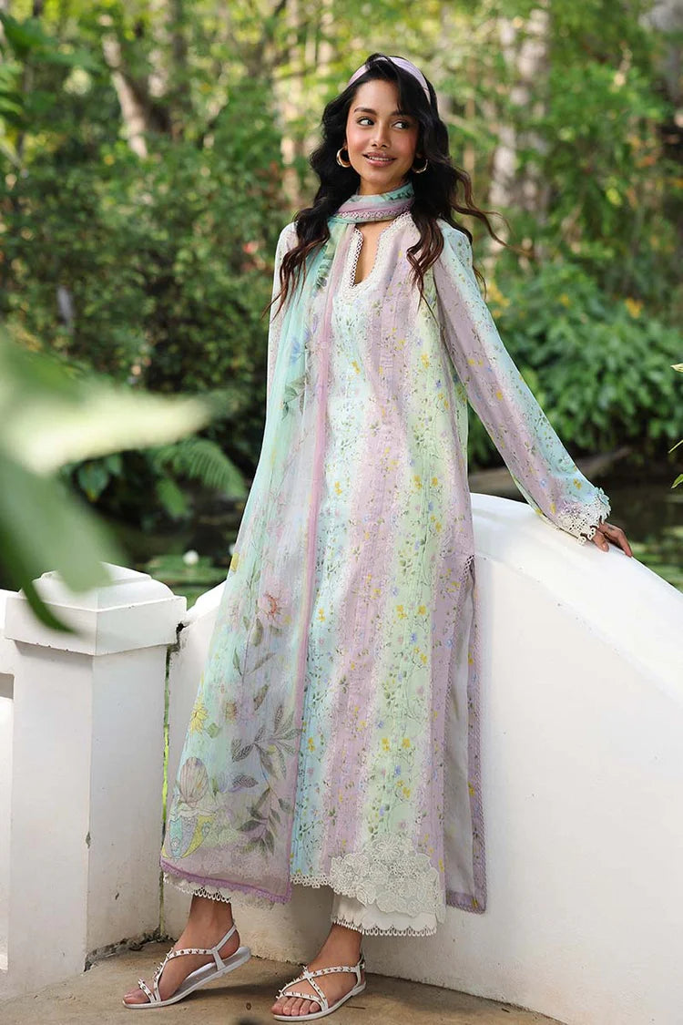 QALAMQAR-3PC LAWN PRINTED EMB SHIRT WITH SILK PRINTED DUPATTA AND TROUSER