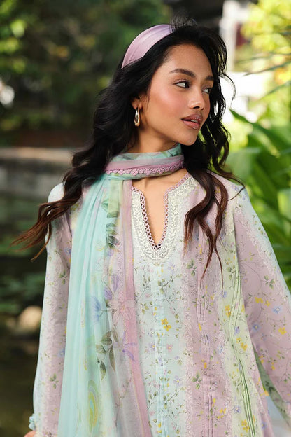 QALAMQAR-3PC LAWN PRINTED EMB SHIRT WITH SILK PRINTED DUPATTA AND TROUSER