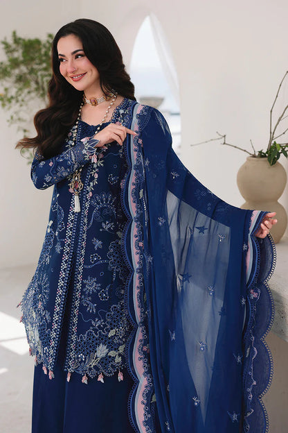 QALAMQAR-3PC LAWN CHIKAN EMBROIDERED SHIRT WITH KHAADI NET EMBROIDERED DUPATTA AND EMB TROUSER
