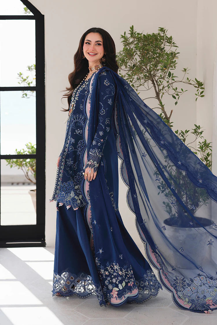 QALAMQAR-3PC LAWN CHIKAN EMBROIDERED SHIRT WITH KHAADI NET EMBROIDERED DUPATTA AND EMB TROUSER
