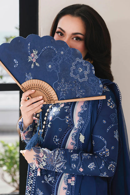QALAMQAR-3PC LAWN CHIKAN EMBROIDERED SHIRT WITH KHAADI NET EMBROIDERED DUPATTA AND EMB TROUSER