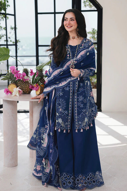 QALAMQAR-3PC LAWN CHIKAN EMBROIDERED SHIRT WITH KHAADI NET EMBROIDERED DUPATTA AND EMB TROUSER