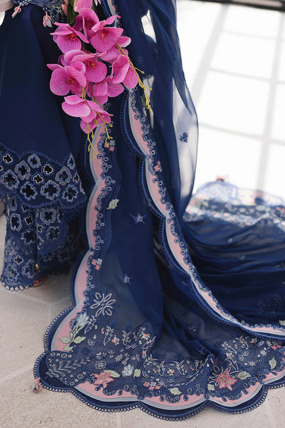 QALAMQAR-3PC LAWN CHIKAN EMBROIDERED SHIRT WITH KHAADI NET EMBROIDERED DUPATTA AND EMB TROUSER