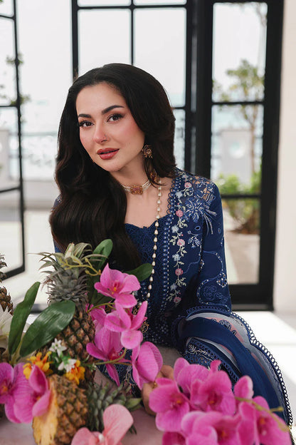 QALAMQAR-3PC LAWN CHIKAN EMBROIDERED SHIRT WITH KHAADI NET EMBROIDERED DUPATTA AND EMB TROUSER