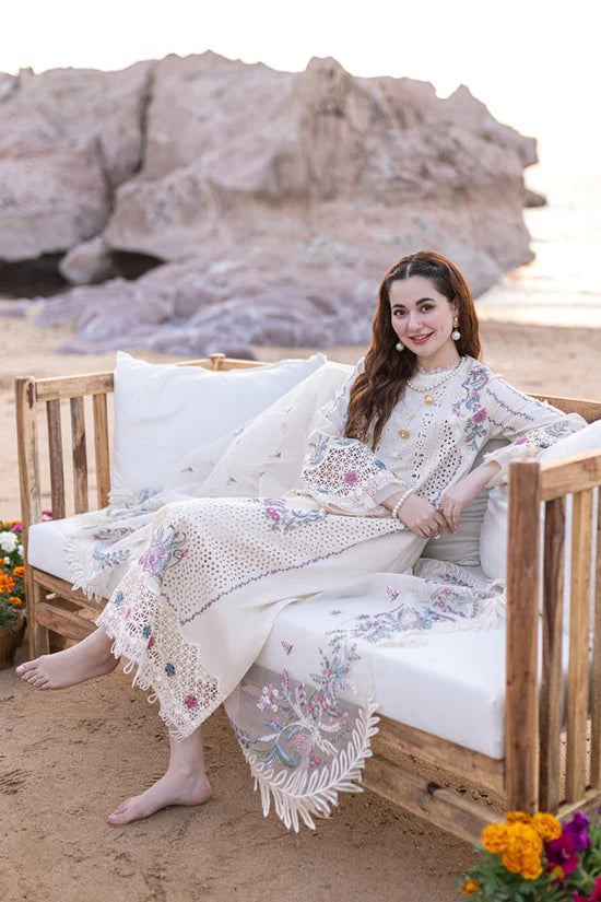QALAMQAR-3PC CHIKANKARI LAWN EMBROIDERED WITH KHADDI NET EMBROIDERED DUPATTA & TROUSER