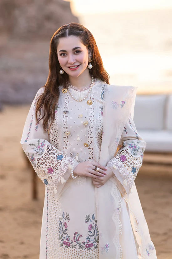QALAMQAR-3PC CHIKANKARI LAWN EMBROIDERED WITH KHADDI NET EMBROIDERED DUPATTA & TROUSER