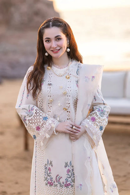 QALAMQAR-3PC CHIKANKARI LAWN EMBROIDERED WITH KHADDI NET EMBROIDERED DUPATTA & TROUSER