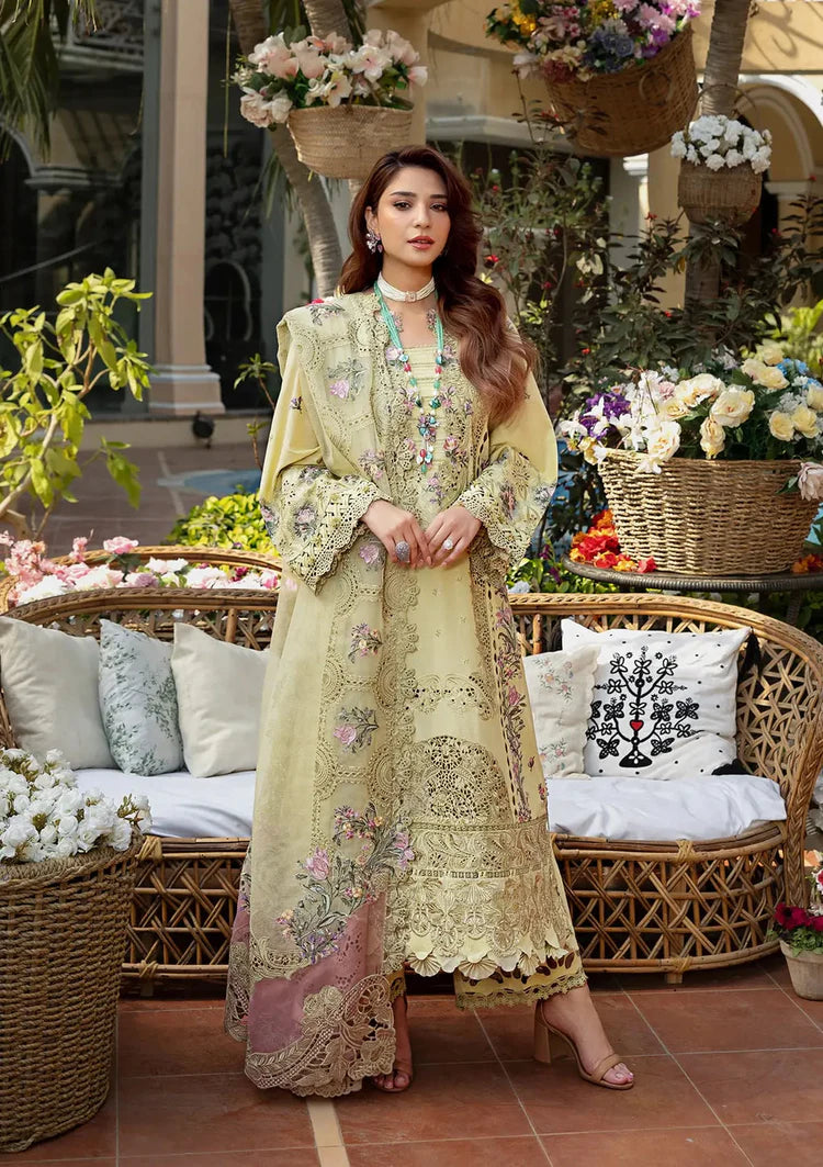 ELAF-3PC LAWN CHIKANKARI EMBROIDERED SHIRT WITH KHAADI NET EMB DUPATTA AND EMB TROUSER