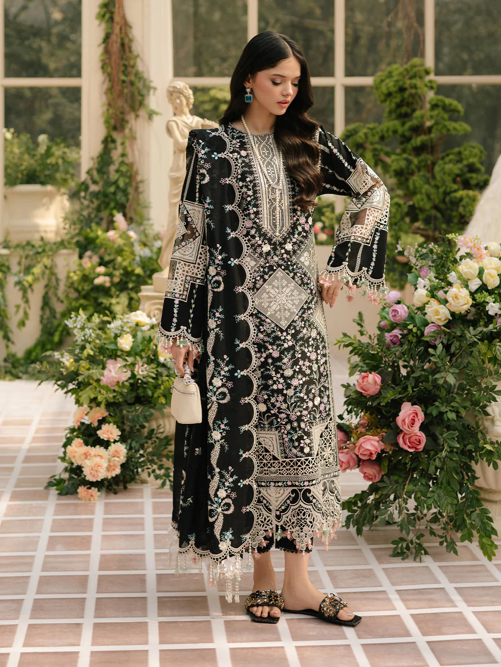 BIN ILYAS-3PC LAWN HEAVY EMBROIDERED SHIRT WITH KHADDI NET EMBROIDERED DUPATTA & LAWN TOUSER