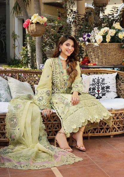 ELAF-3PC LAWN CHIKANKARI EMBROIDERED SHIRT WITH KHAADI NET EMB DUPATTA AND EMB TROUSER