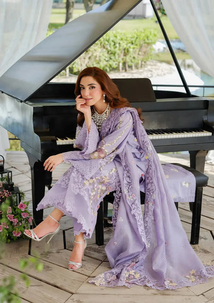 ELAF-3PC LAWN LASERCUTWORK EMBROIDERED SHIRT WITH KHAADI NET EMBROIDERED DUPATTA AND TROUSER