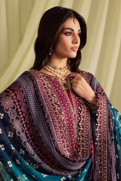 NUREH-3PC LAWN DIGITAL PRINTED EMBROIDERED SHIRT WITH CHUNRI PRINTED EMB DUPATTA AND DYED TROUSER