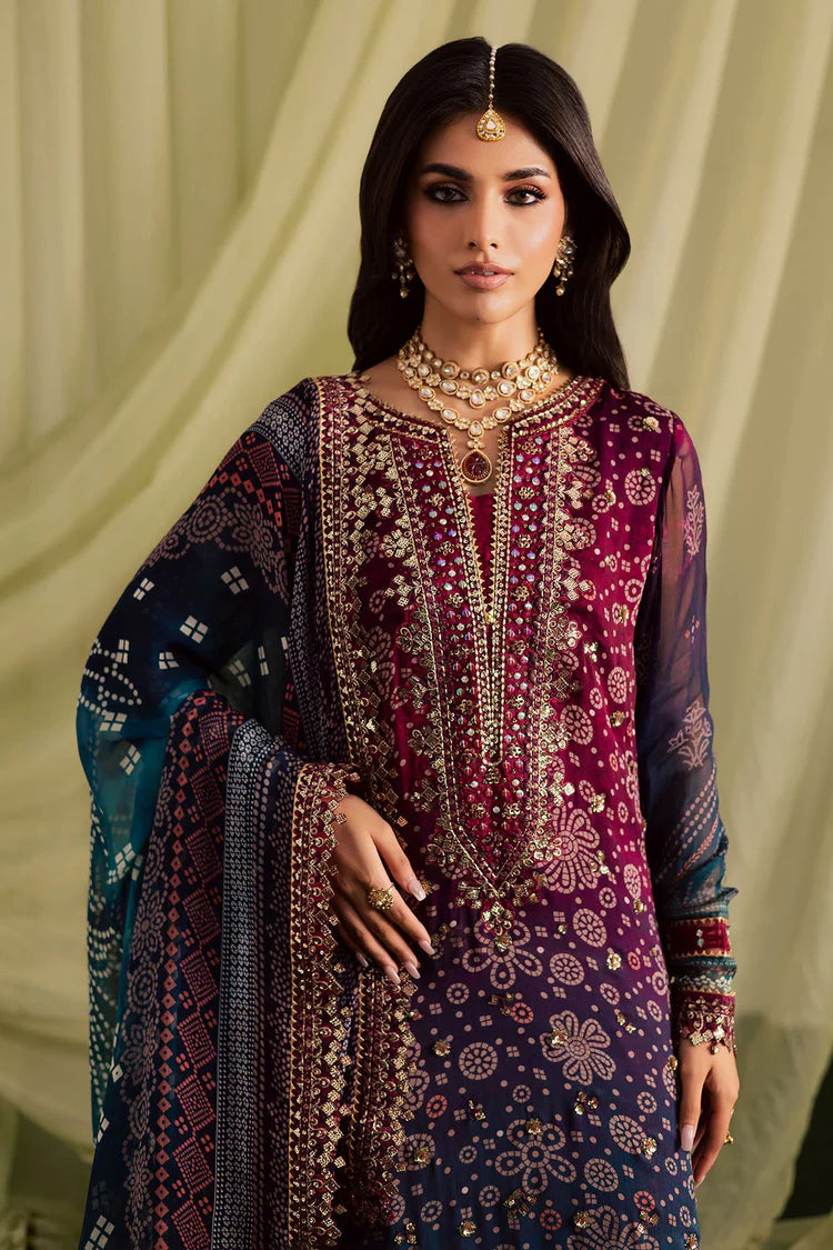 NUREH-3PC LAWN DIGITAL PRINTED EMBROIDERED SHIRT WITH CHUNRI PRINTED EMB DUPATTA AND DYED TROUSER