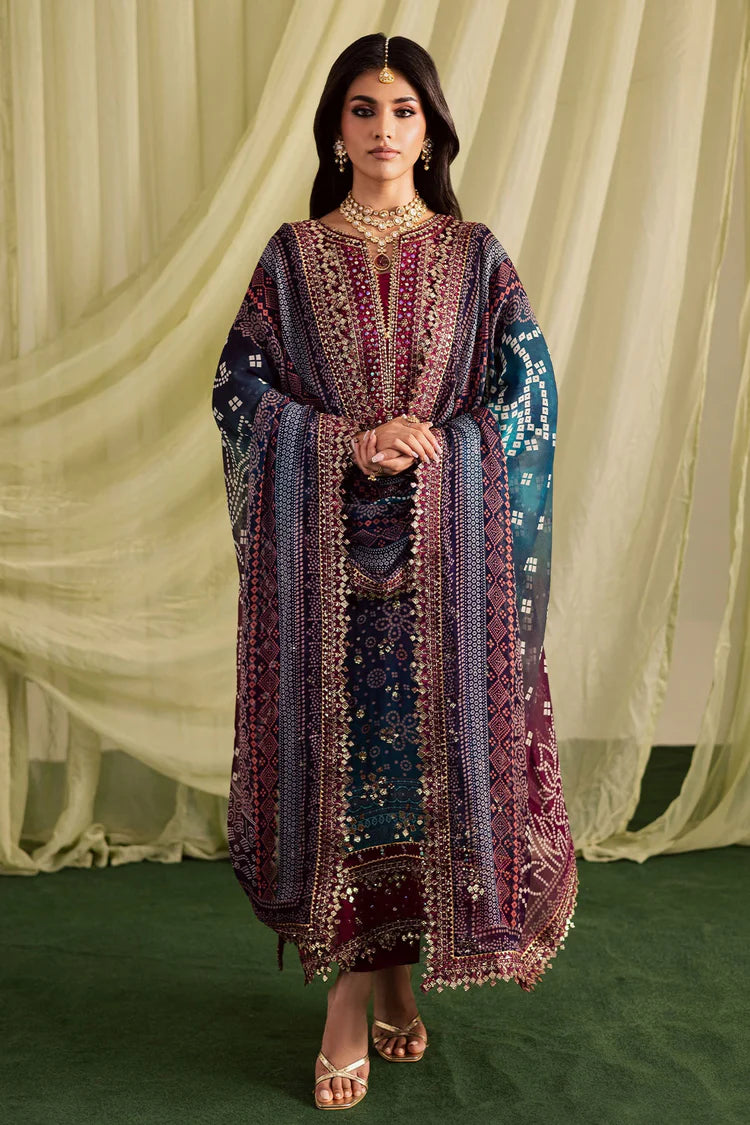 NUREH-3PC LAWN DIGITAL PRINTED EMBROIDERED SHIRT WITH CHUNRI PRINTED EMB DUPATTA AND DYED TROUSER