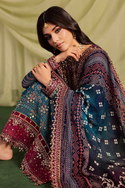 NUREH-3PC LAWN DIGITAL PRINTED EMBROIDERED SHIRT WITH CHUNRI PRINTED EMB DUPATTA AND DYED TROUSER