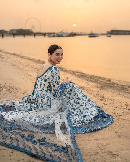 FAIZA SAQLAIN-FROCK 3PC LAWN EMBROIDERED SHIRT WITH NET EMBROIDERED DUPATTA AND TROUSER