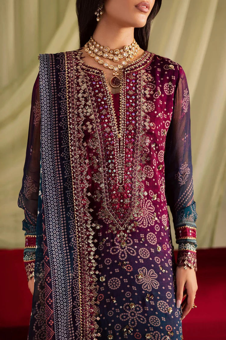 NUREH-3PC LAWN DIGITAL PRINTED EMBROIDERED SHIRT WITH CHUNRI PRINTED EMB DUPATTA AND DYED TROUSER