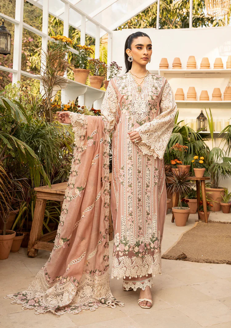ELAF-3PC LAWN CHIKAN EMBROIDERED SHIRT WITH KHADDI NET EMBROIDERED DUPATTA AND TROUSER