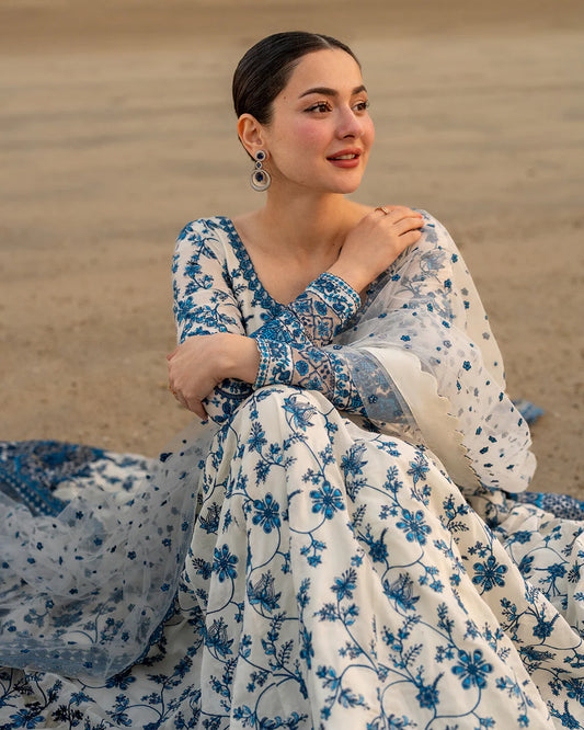 FAIZA SAQLAIN-FROCK 3PC LAWN EMBROIDERED SHIRT WITH NET EMBROIDERED DUPATTA AND TROUSER