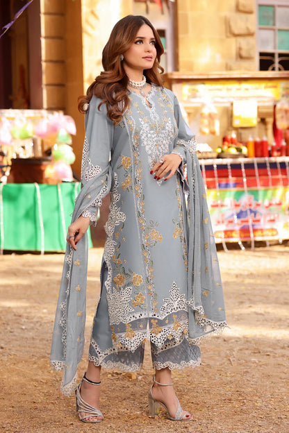 ANEELAS-3PC LAWN EMBROIDERED SHIRT WITH CHIFFON EMBROIDRED DUPATTA & EMB TROUSER