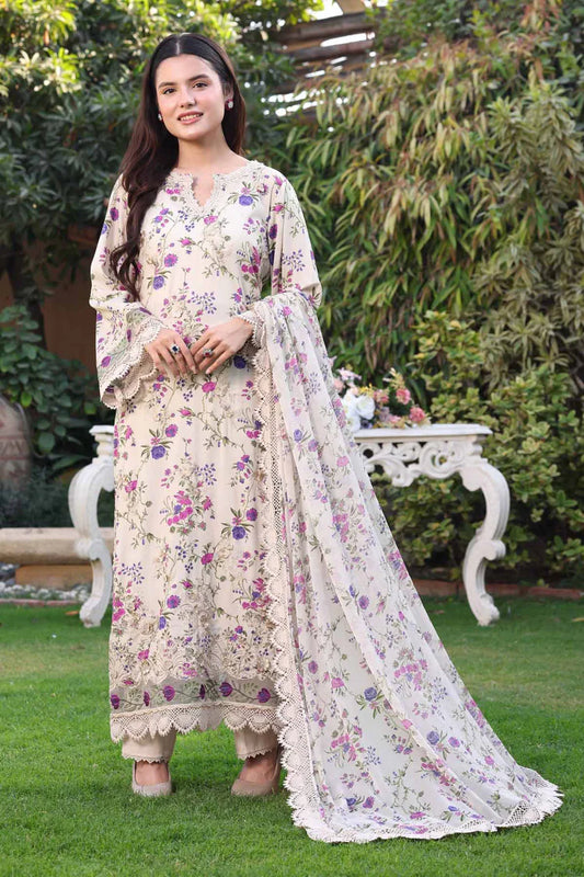 ANEELAS-3PC LAWN PRINTED CHIKAN EMB SHIRT WITH SILK PRINTED DUPATTA AND TROUSER