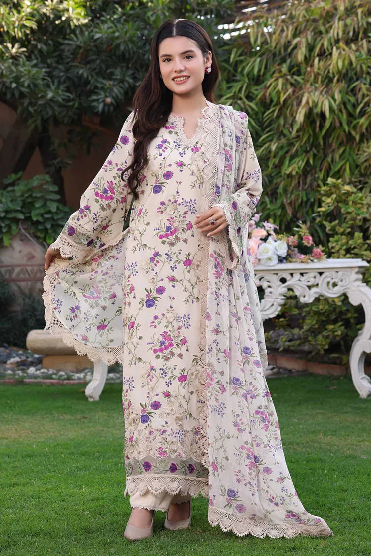 ANEELAS-3PC LAWN PRINTED CHIKAN EMB SHIRT WITH SILK PRINTED DUPATTA AND TROUSER