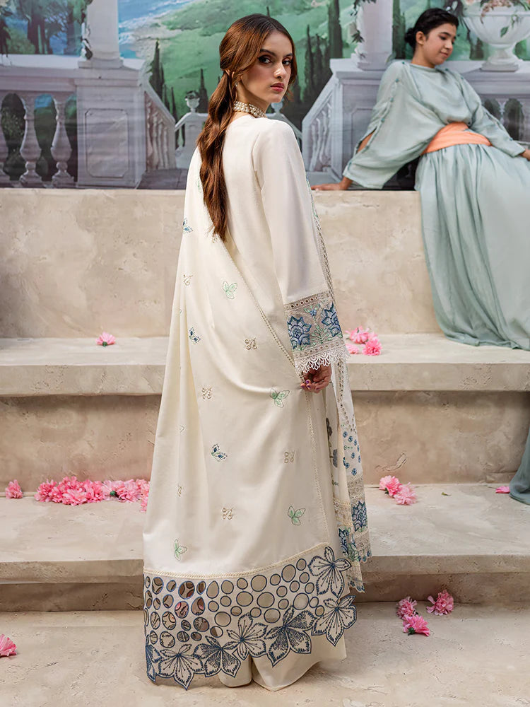 MAHNUR-3PC LAWN LASERCUT EMB SHIRT WITH LAWN LASERCUT EMB DUPATTA & TROUSER