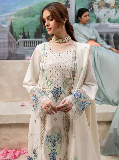 MAHNUR-3PC LAWN LASERCUT EMB SHIRT WITH LAWN LASERCUT EMB DUPATTA & TROUSER