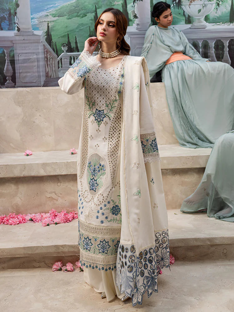 MAHNUR-3PC LAWN LASERCUT EMB SHIRT WITH LAWN LASERCUT EMB DUPATTA & TROUSER