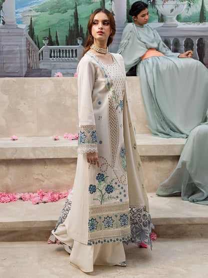 MAHNUR-3PC LAWN LASERCUT EMB SHIRT WITH LAWN LASERCUT EMB DUPATTA & TROUSER
