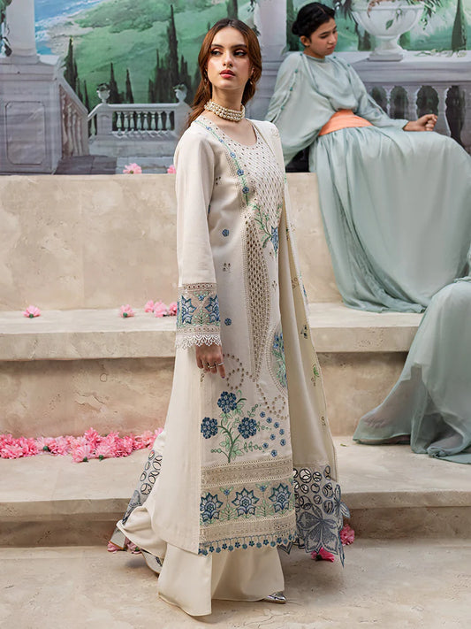 MAHNUR-3PC LAWN LASERCUT EMB SHIRT WITH LAWN LASERCUT EMB DUPATTA & TROUSER
