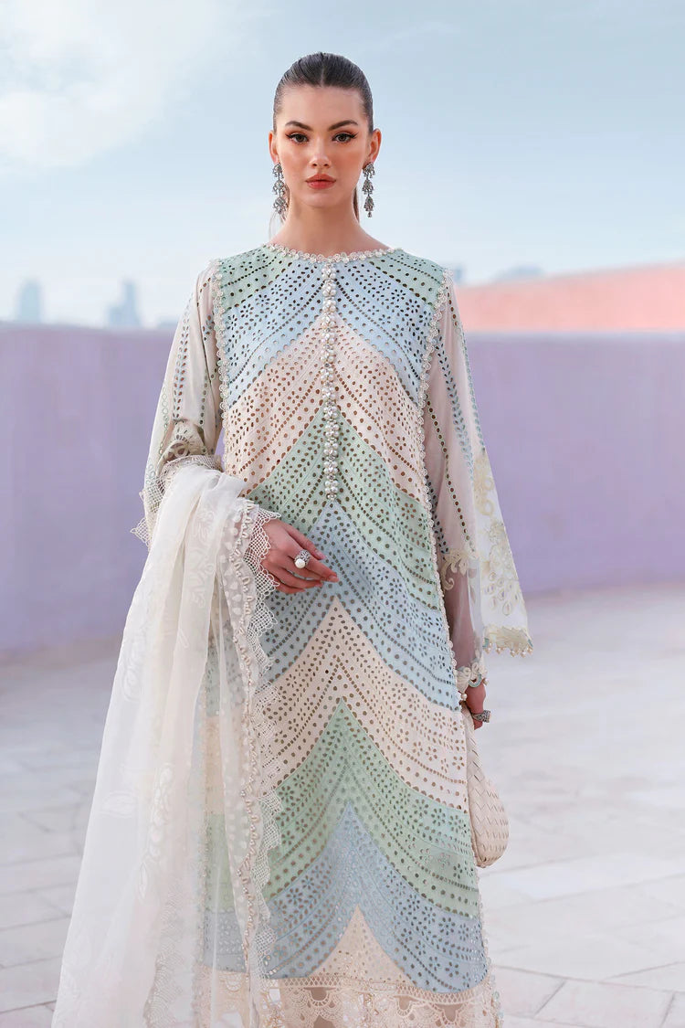 MARIA B-3PC LAWN MULTIPLE SHADES CHIKAN EMBROIDERED SHIRT WITH SELF JACQUARD EMBROIDERED DUPATTA AND EMB TROUSER
