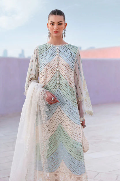 MARIA B-3PC LAWN MULTIPLE SHADES CHIKAN EMBROIDERED SHIRT WITH SELF JACQUARD EMBROIDERED DUPATTA AND EMB TROUSER