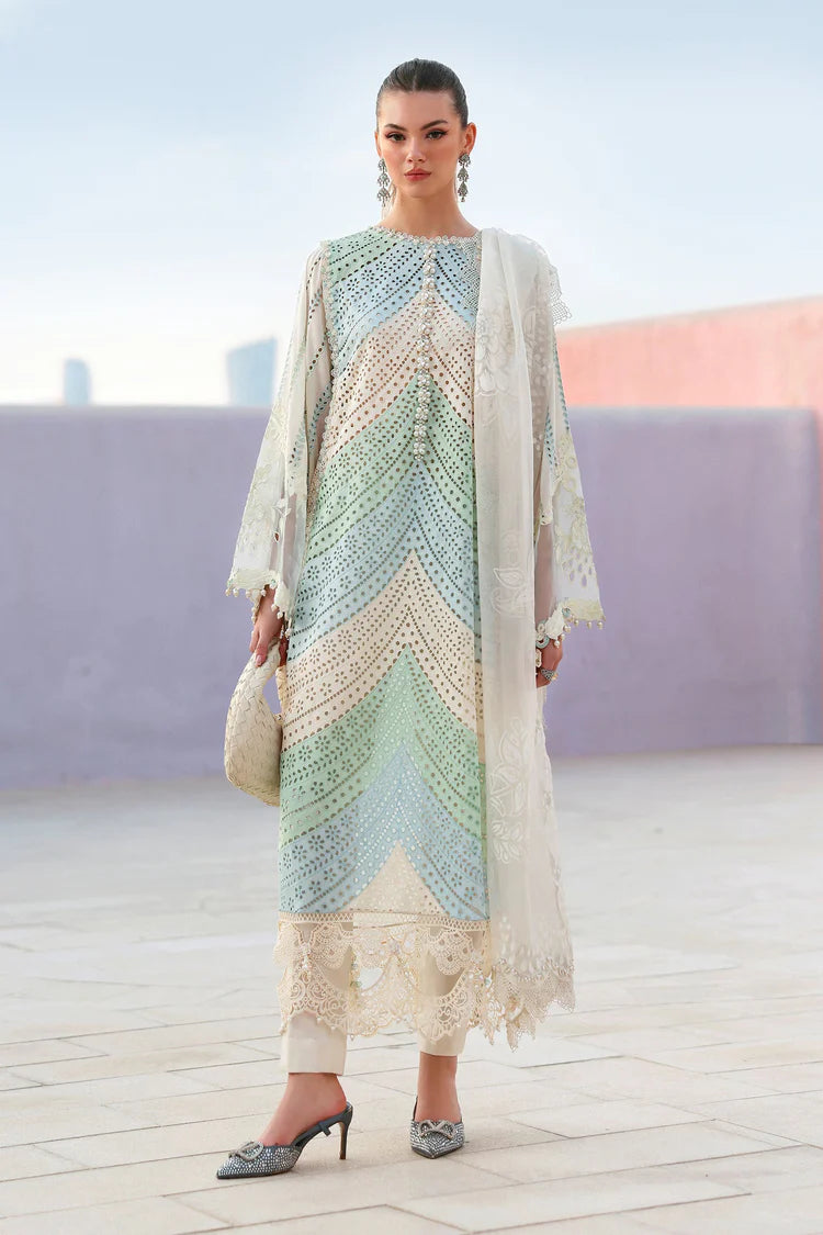 MARIA B-3PC LAWN MULTIPLE SHADES CHIKAN EMBROIDERED SHIRT WITH SELF JACQUARD EMBROIDERED DUPATTA AND EMB TROUSER